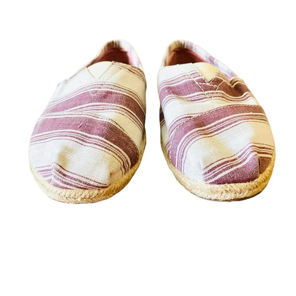 TOMS Alpargata espadrille slip-on canvas flats loafers 5.5 beige burgundy stripe - Picture 3 of 8